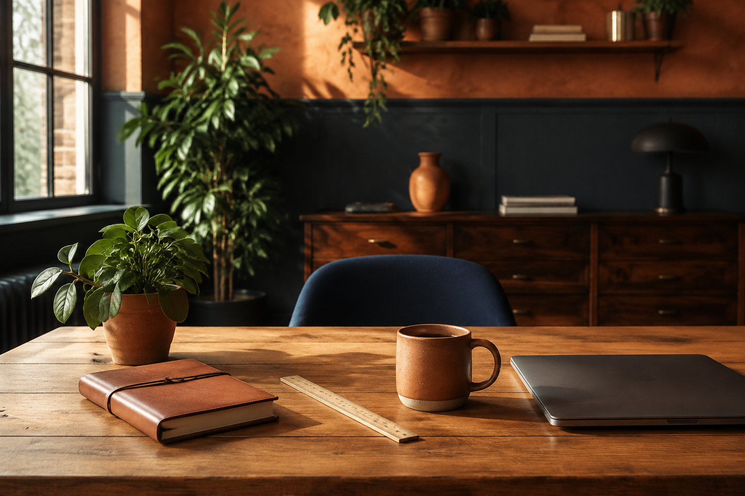 A sunlit independent business desk with notebook and laptop