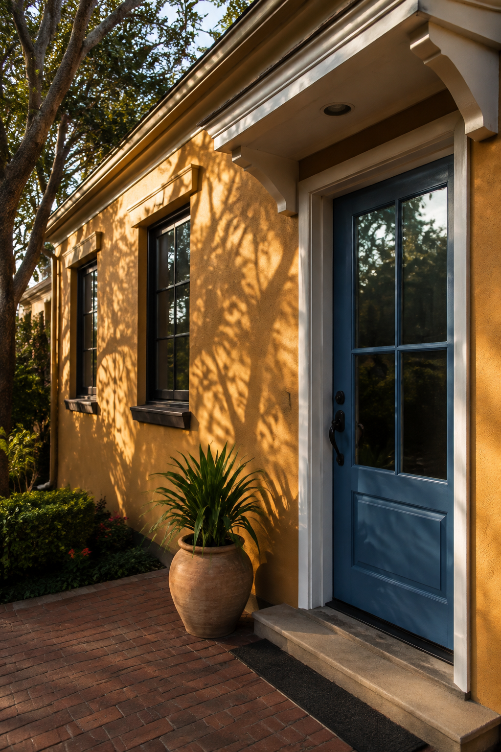 A modern independent service office entryway with a blue door